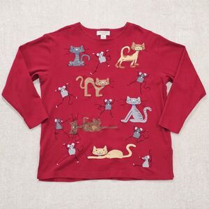 Bechamel Womens M Red Embroidered 3/4 Cat Lady Sweater GrandmaCore Granny Chic